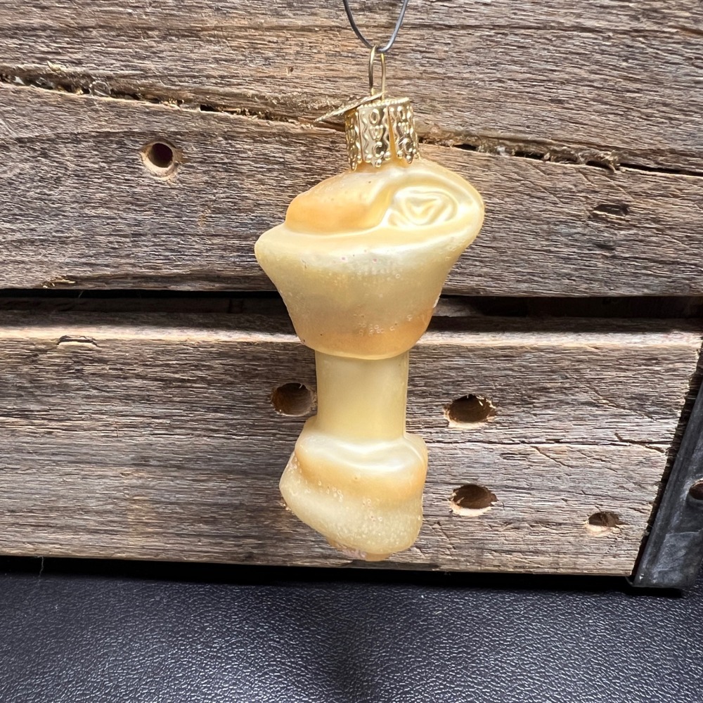 Old World Christmas Dog Bone Glass Ornament Cream Glitter Pet Treat